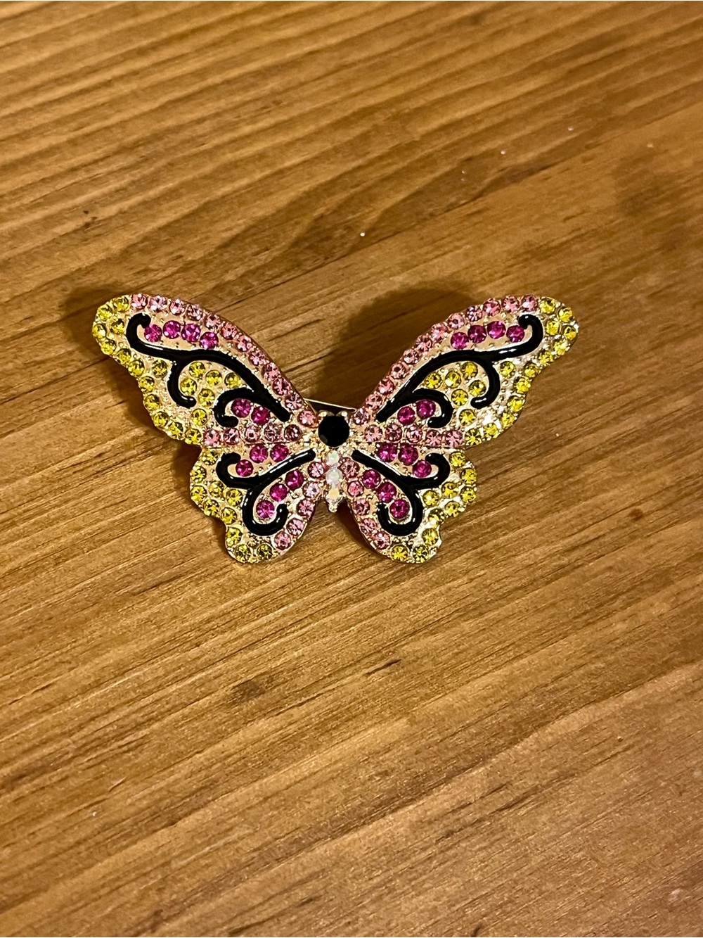 Butterfly brooch gold tone with yellow pink hot pink rhinestone black accent 2”